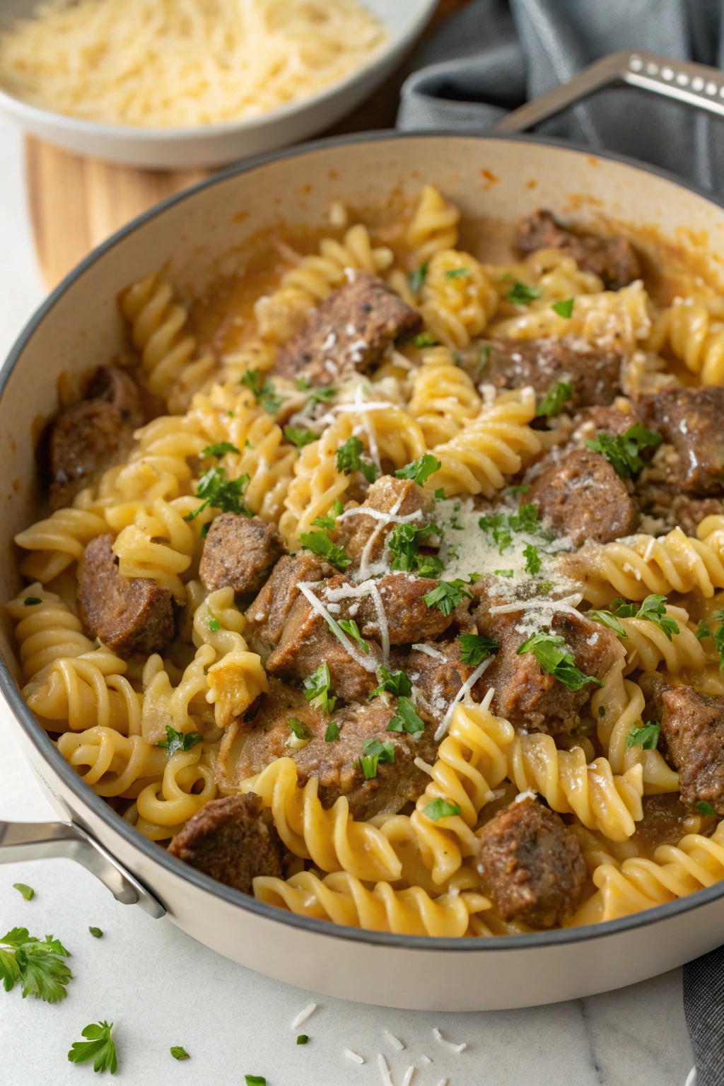 Beef and Rotini in Garlic Parmesan Sauce