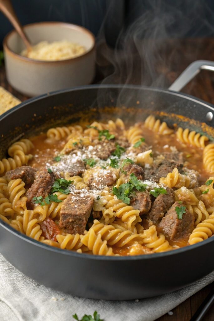 Beef and Rotini in Garlic Parmesan Sauce