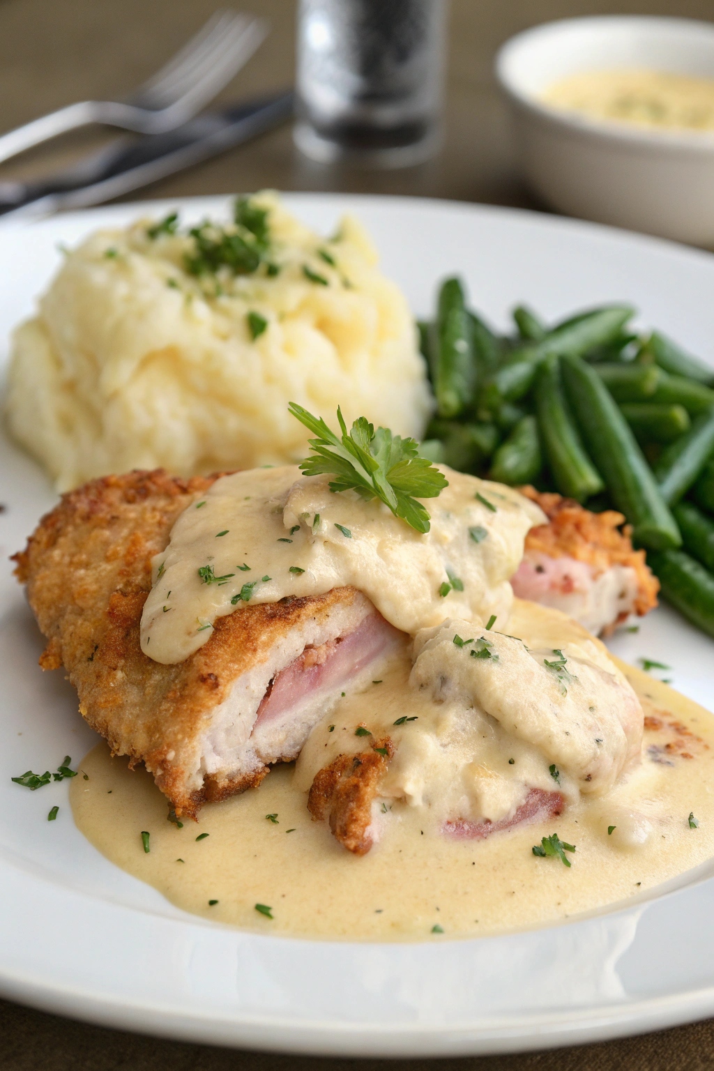 This Creamy Chicken Cordon Bleu recipe features crispy breaded chicken stuffed with ham and Swiss cheese, smothered in a rich, creamy sauce. Perfect for dinners or special occasions! Save this mouthwatering recipe and make it tonight!